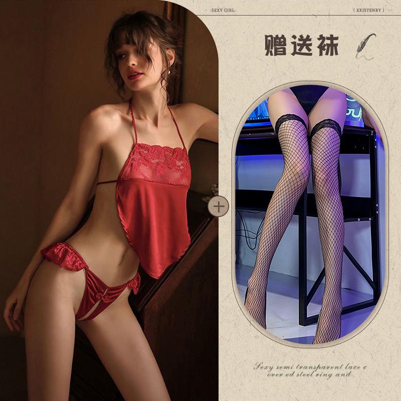 Sex Lingerie Sexy Retro Lace Seduction Belly Pocket Passion Pajamas Pure Desire Open Crotch Lace-up Uniform Suit