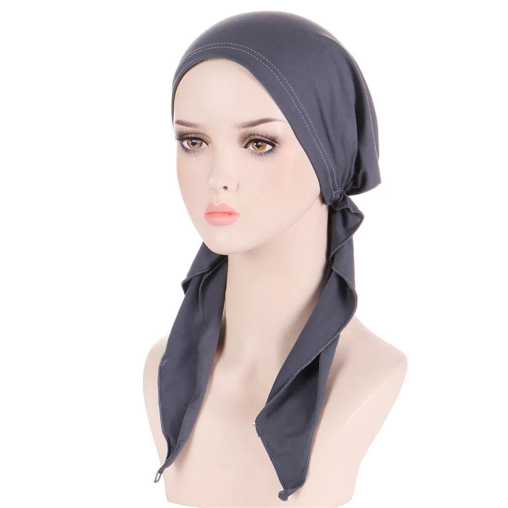 

New Muslim Inner Hijab Turban Women Pre-Tied Cap Long Tail Headscarf Wrap Beanies Bonnet Head Scarf Stretch Headwear Ninja Hat
