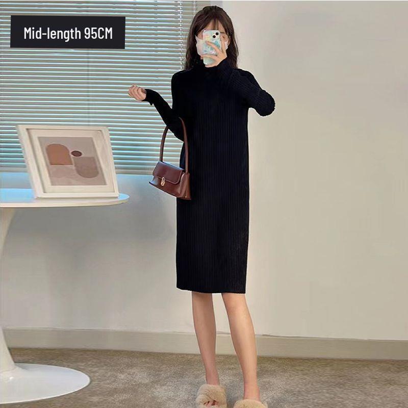 2025 Autumn/Winter Knit Dress: Slim-Fit Half-High Collar, Stylish Mid-Length Over-the-Knee Coat Dress.