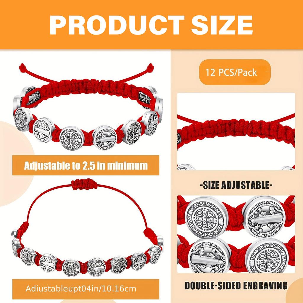 Pack Of 12 Adjustable Saint Benedict Medals Bracelets Woven Adjustable Wristchains Spiritual Jewelry for Men and Women