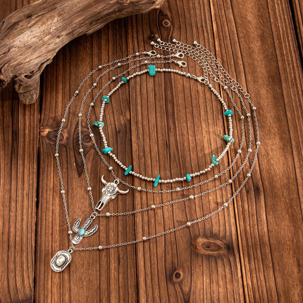 SHIXIN 4Pcs/Set Vintage Cactus Cow Head Cowboy Hat Pendant Necklaces for Women Ethnic Layer Bead Chain Necklace Vacation Jewelry
