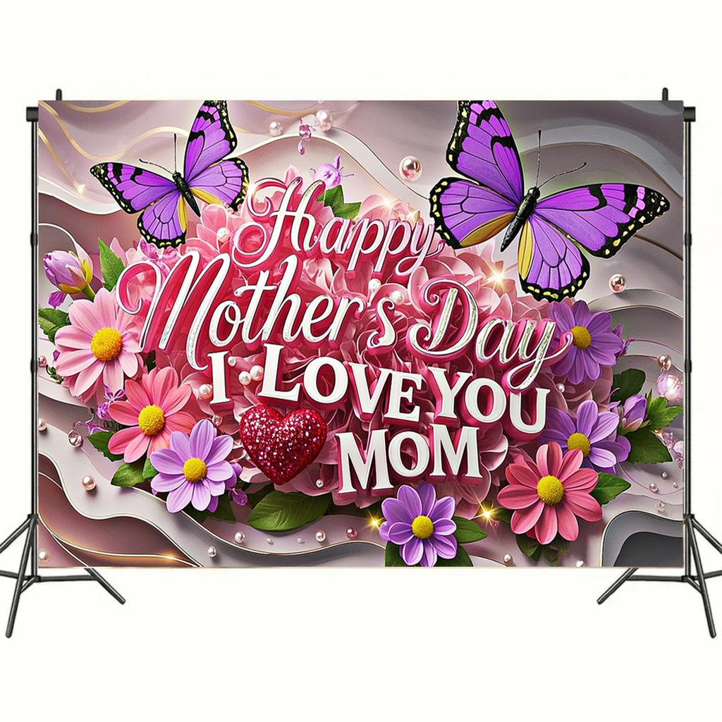 Mother's Day Floral Backdrop with Floral&Butterfly Element Design,Wall Decor,Gift,Festive Wall Covering,Rustic Background