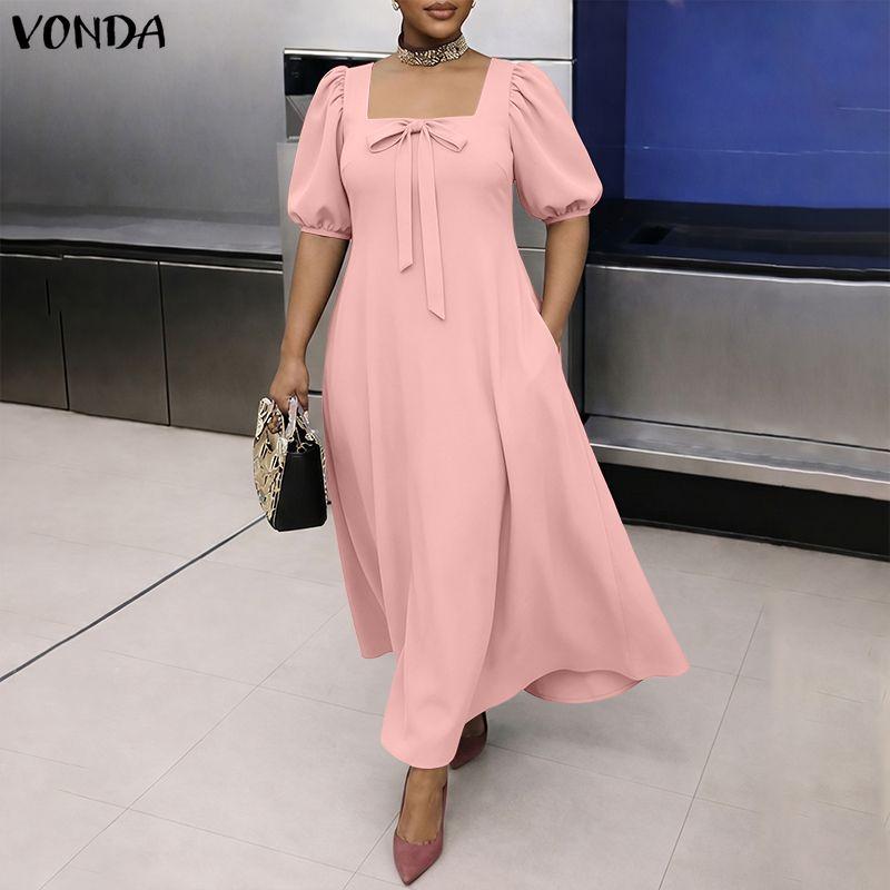VONDA Abito Maxi Lungo Casual Elegante Estivo da Donna con Scollo Quadrato, Maniche a Sbuffo e Fiocco