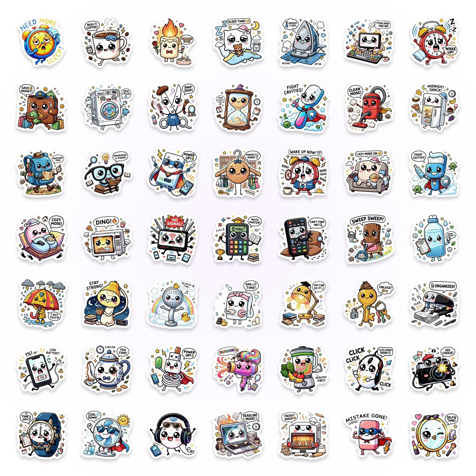 

50 Humorous And Cute Anthropomorphic Daily Necessities Stickers Water Cup Hand Account Flat Waterproof Pp Sticker