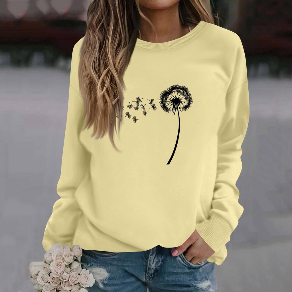 Mote for kvinner, avslappet langermet ensfarget trykket genser med rund hals