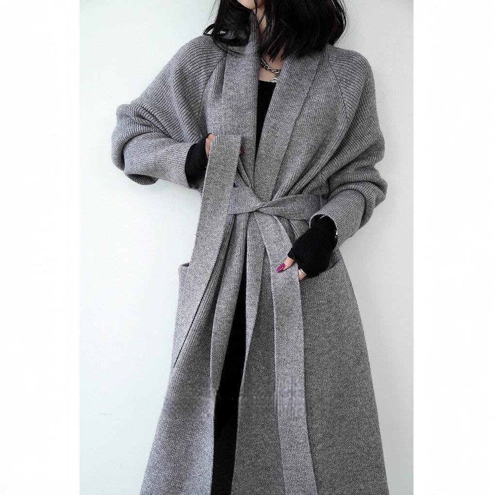 Premium sweater cardigan women's autumn and winter medium and long loose knitted jacket loose lazy bathrobe lace-up coat