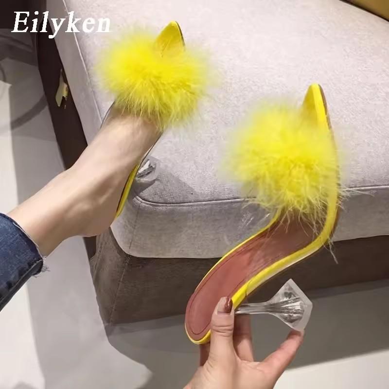 Fashion Eilyken Feather Fur PVC Transparent High Heels Woman Slippers Pointed Toe Mules Lady Pumps Slides Stripper White Shoes