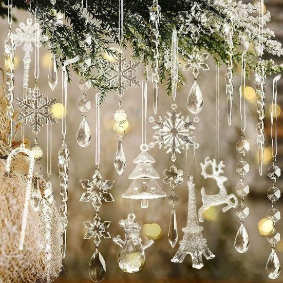 32 Pcs Christmas Ornaments Acrylic Hanging Decor Set with Snowflakes Deer Snowman Icicles Candy