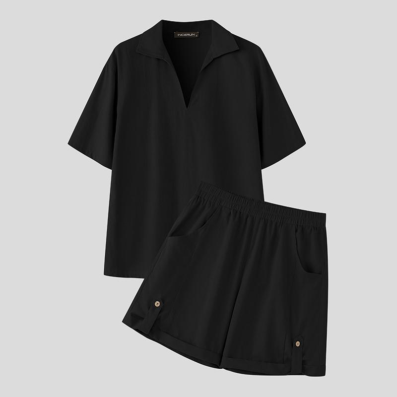 INCERUN Two Piece Suit Men V Neck Short Sleeve Shirts Shorts Casual Outfits Sets