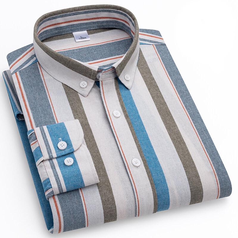 

Весна-Осень Оксфорд Спиннинг Полосатый Хлопок Мужские Рубашки С Длинными Рукавами XL синий/хаки