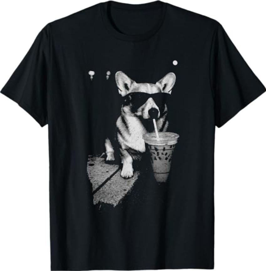 Corgi Drinking Iced Coffee Funny Corgi Dog Coffee Vintage T-Shirt S