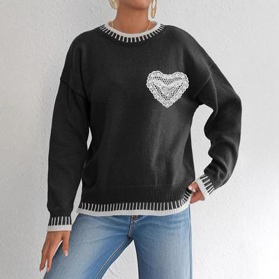 Color-blocking Patchwork Pullover, Three-dimensional Bright Brick Butterfly Lace Heart Pocket Casual Sweater for Women