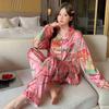 Spring And Summer Thin Long-Sleeved Ice Silk Loungewear Fairy Mori Peach Blossom Tiger Can Wear Light Luxury Pajamas For Women