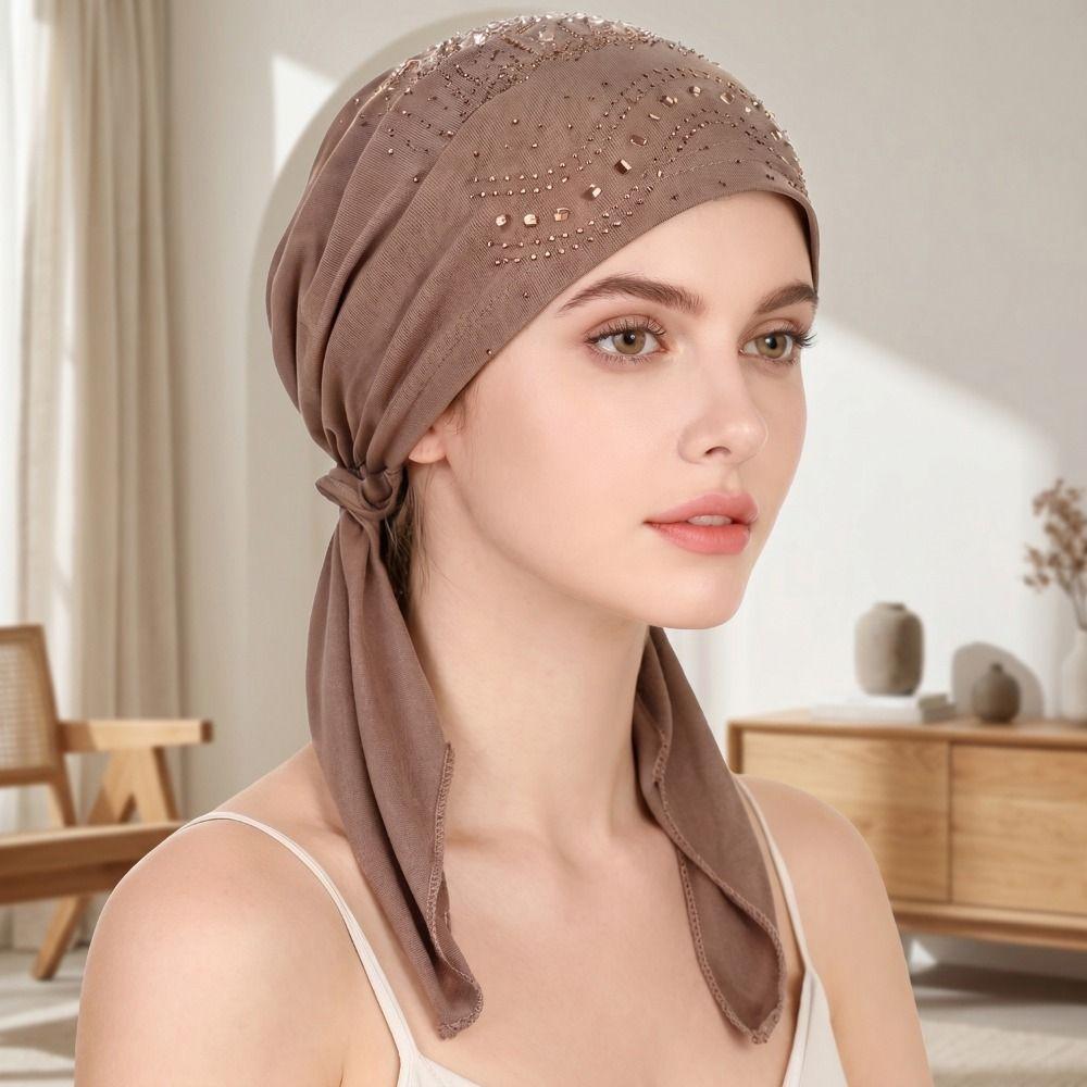 Solid Color Muslim Headscarf Hat Soft Elastic Rhinestone Hijab Caps Casual Wear