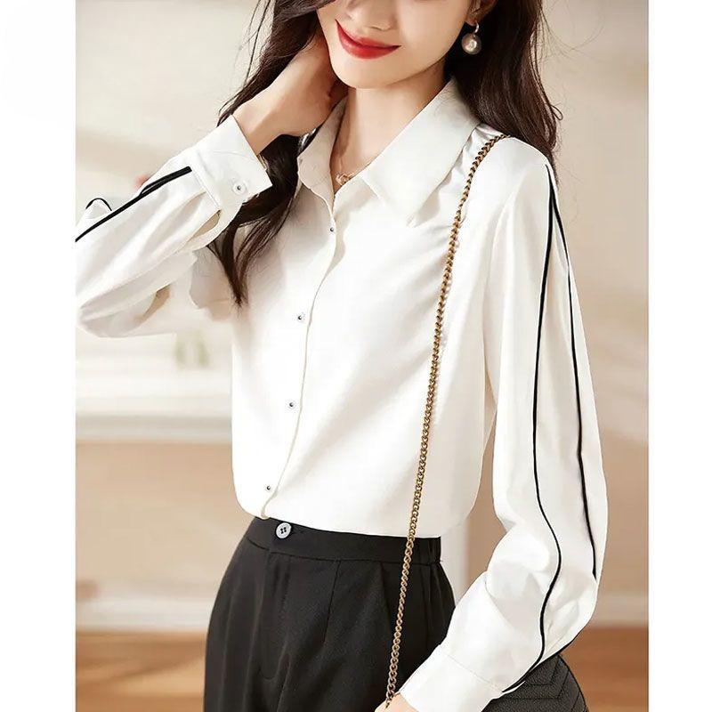 Hochwertiges weißes Chiffonhemd Damen Locker Langarm Lässige Bluse Herbst Frühling Slim Fit Elegant
