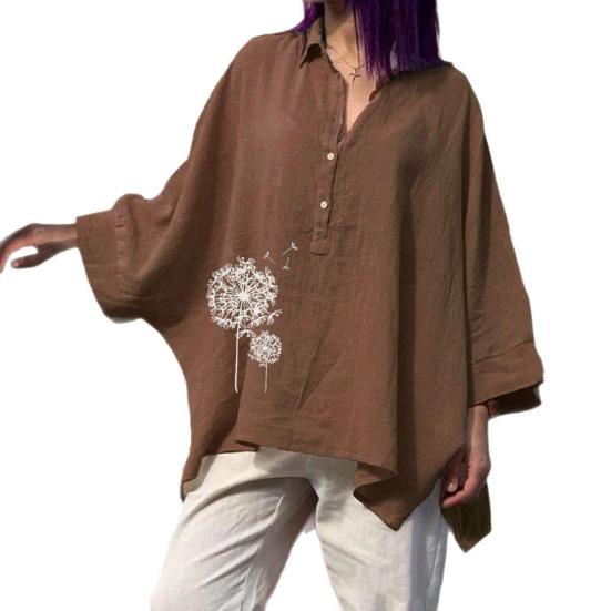 Women Shirt Lapel Buttons Half Placket Batwing Long Sleeve Shirt Tops Loose Fit A-Line Dandelion Print Casual Tops XXL коричневый