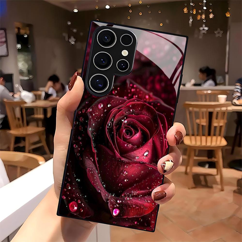 Red Rose Flower Glass Phone Case For Samsung Galaxy S26 S25 S24 S22 S23 Ultra S21 S20 Plus 5G Frosted Non-Slip Full Cover