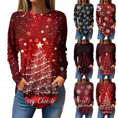 Dámske voľné tričko s okrúhlym výstrihom a vianočnou potlačou s dlhým rukávom