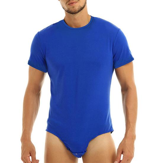 Bodysuit Pajamas Bodybuilding Short Sleeve Solid Color Crew Neck Men One Piece Underwear Romper for Home