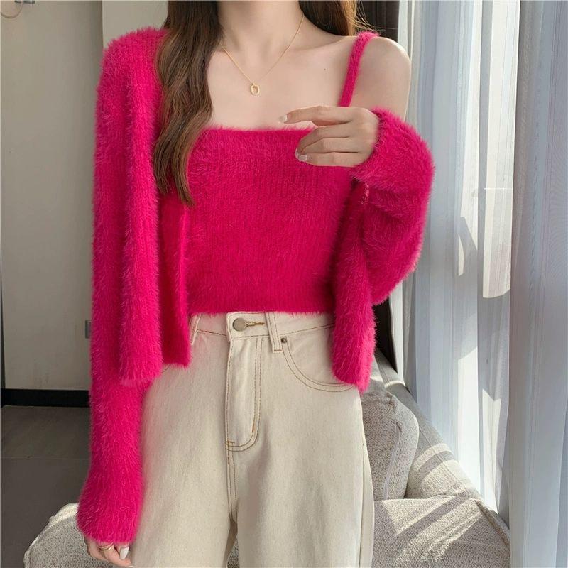 Mink-Like Camisole & Cardigan Two-Piece Set - Women's Knitted Solid Color Sweater
