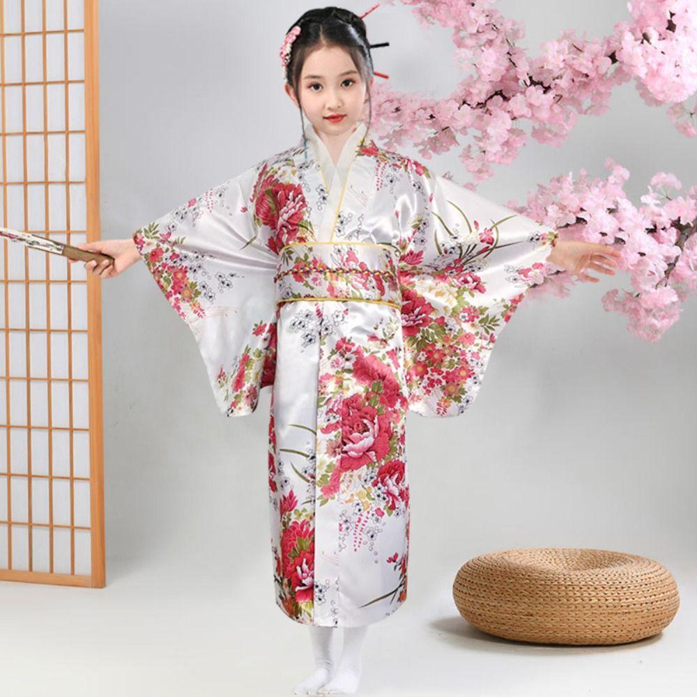 Printed Floral Kids Sakura Girl  Kimono Dress Kids Japanese Style Yukata Bathrobe  Fireworks