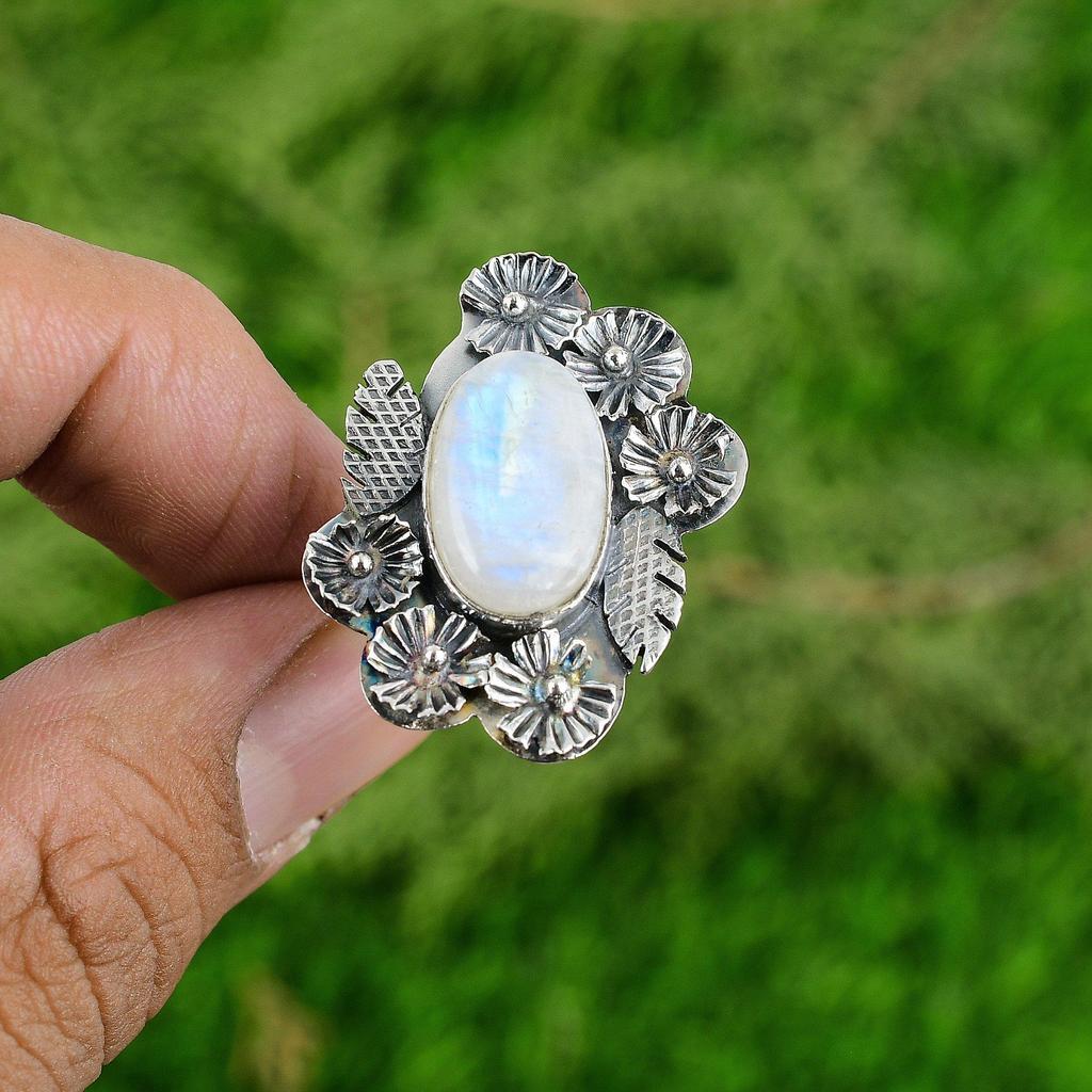 Natural Rainbow Moonstone Statement Flower White Adjustable Ring 925 Silver