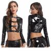 European & American Sexy Black Patent Leather Lace-Up Lingerie Set with Hollow Design