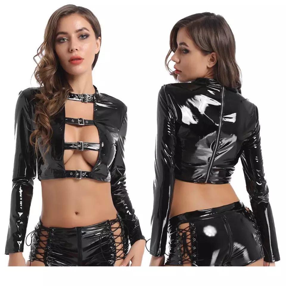 European & American Sexy Black Patent Leather Lace-Up Lingerie Set with Hollow Design