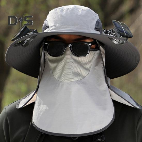 Wide Brim Sun Hat with 2 Solar Fan UV Protection Bucket Hat with Neck Flap And Face Guard 3 Speed Adjustable Fan Hat for Outdoor Fishing Camping