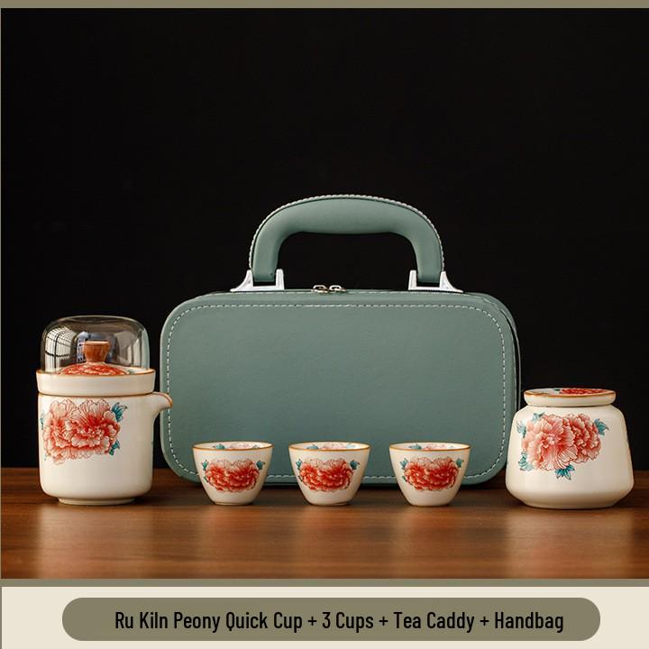 Ru Kiln Peony Quick Cup: Portable Outdoor Tea Set with One Pot and Four Cups