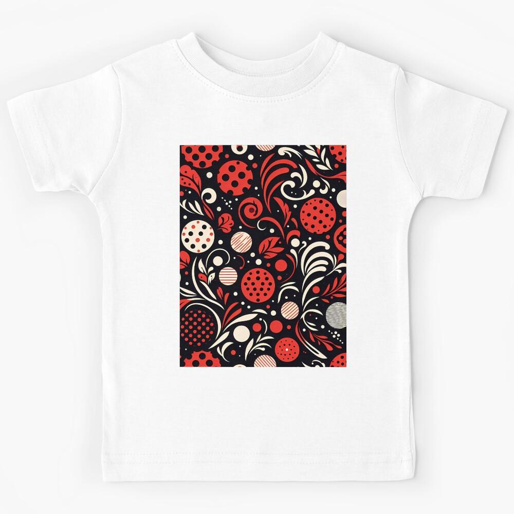 Red And White Floral Polka Dots Abstract On Black Background Kids T-Shirt 110