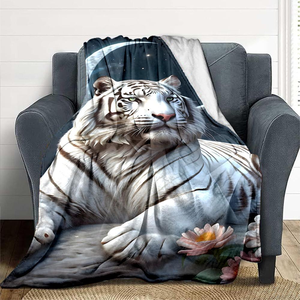 

1pc White Tiger Print Blanket Lightweight Blanket Throw Blanket For Sofa, Bed, Travel, Camping, Livingroom, Office, Couch, Chair yy251010046 100x150cm