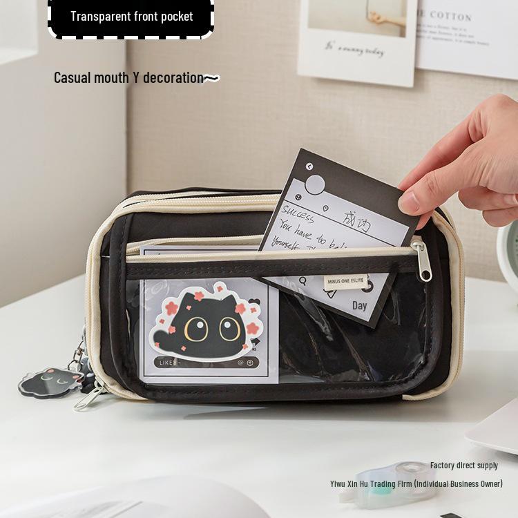 2025 New Little Black Cat Transparent Pencil Case for Girls - Trendy Stationery Box for Elementary, Middle, and High School Students