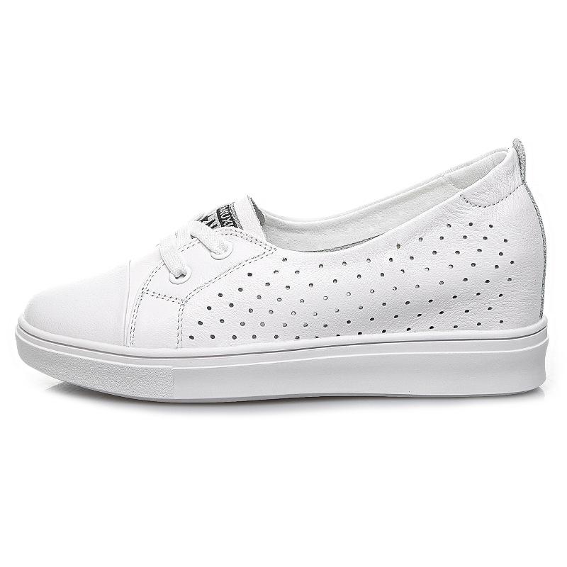 Leather summer heightening white shoes women's summer breathable Internet celebrity versatile hollow shallow mouth one pedal white shoes