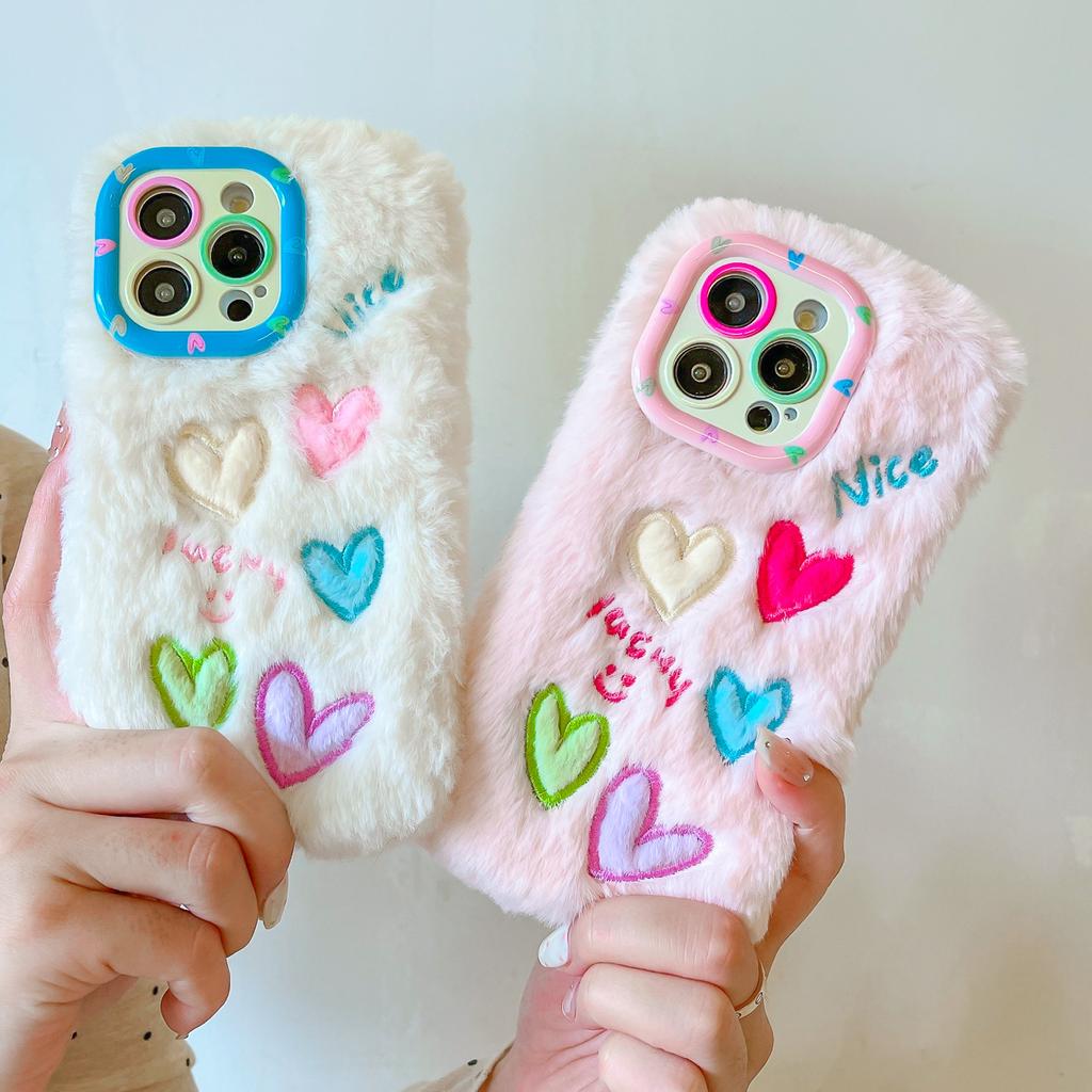 Plush Multicolored Love Mobile Phone Case for Apple 17PROMAX Lens Holder 15 Autumn and Winter 14 Fluffy 11