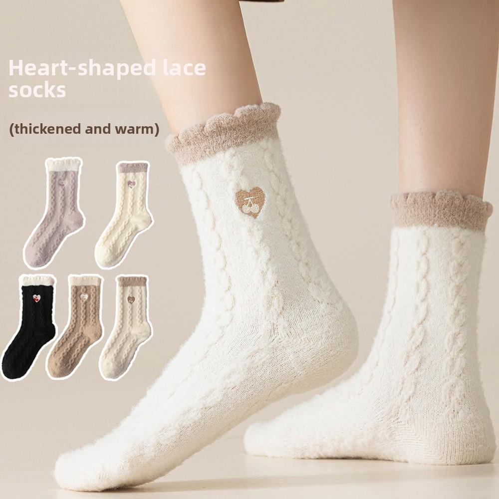 Lace Embroidered Heart-shaped Cherry Mid-calf Socks for Warm Autumn and Winter, Thickened Postpartum Socks, Dui Dui Socks