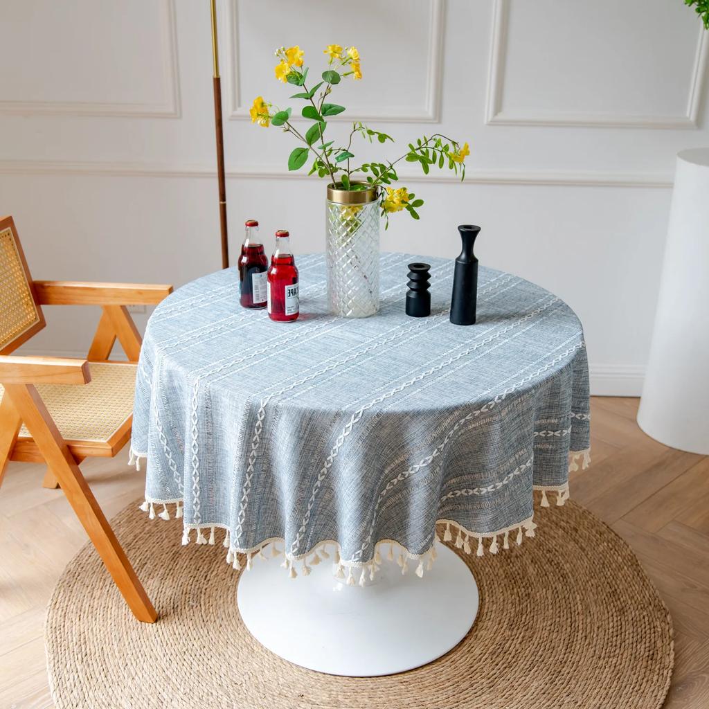 Cotton Linen Three-Dimensional Jacquard Checkered Round Tablecloth,Tassels Dust-Proof Table Cover,For Dinner Party Wedding Decor