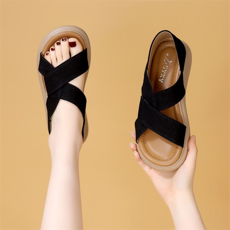 Fashion Real Leather Shoes Woman Outside Sandals 2025 Summer Large Size Soft Genuine Closed Flat Elastic Band Big Girls Beach Cover Heel