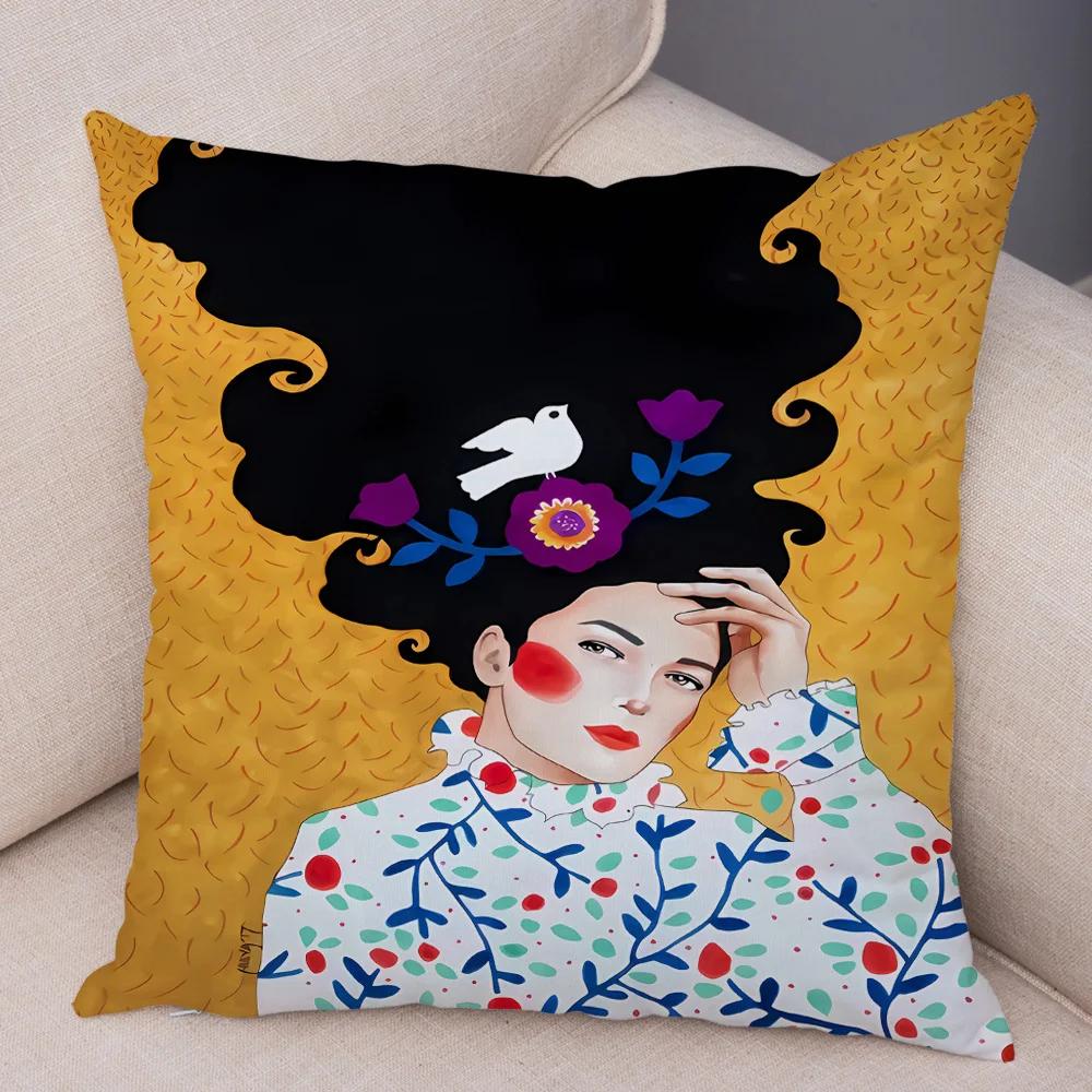 Fashion Abstract Girl Pillowcase Soft Plush Decor Cartoon Flower Lady Cushion Cover for Sofa Home Throw Pillow Case 45x45cm