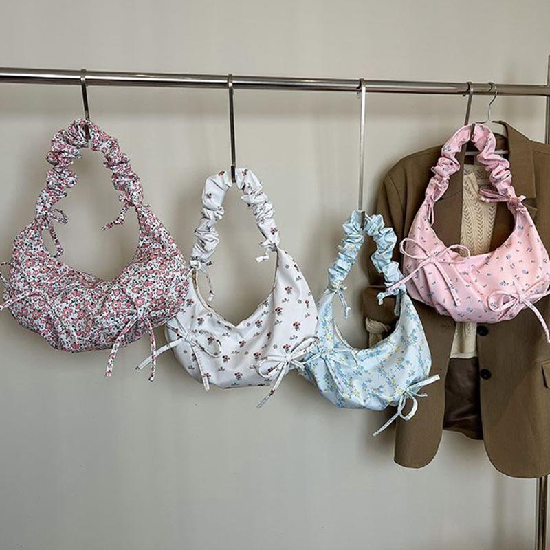 Ditsy Floral Bow Women Crossbody Shoulder Bag,Pleated Canvas Underarm Tote Bag,Petite Floral Print Sweet Handbag,Large Capacity