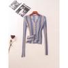 Vertical Stripes Gradient V Neck Tops Summer Thin Silm Single Row Button Women's Knitted Sweater Breathable Sun Protection Shirt
