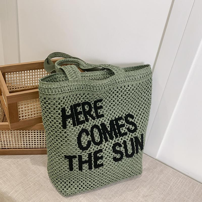 Mesh Tote Bag Women Summer Beach Handbag with Bold Lettering Casual Everyday Shopping Bag