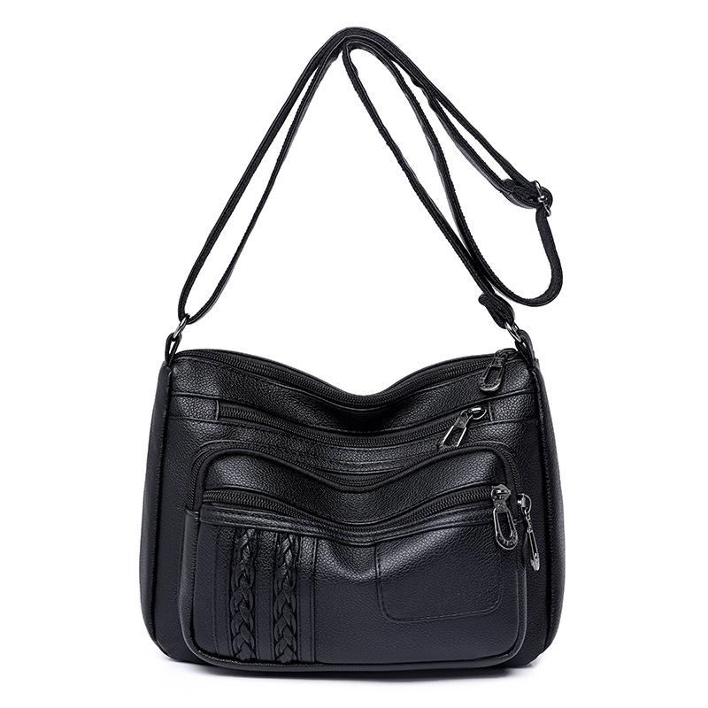 Mom Bag Women's New Trendy Fashion Soft Leather Medium Women's Bag Large Capacity Washed Leather Multi-layer Shoulder Messenger Bag