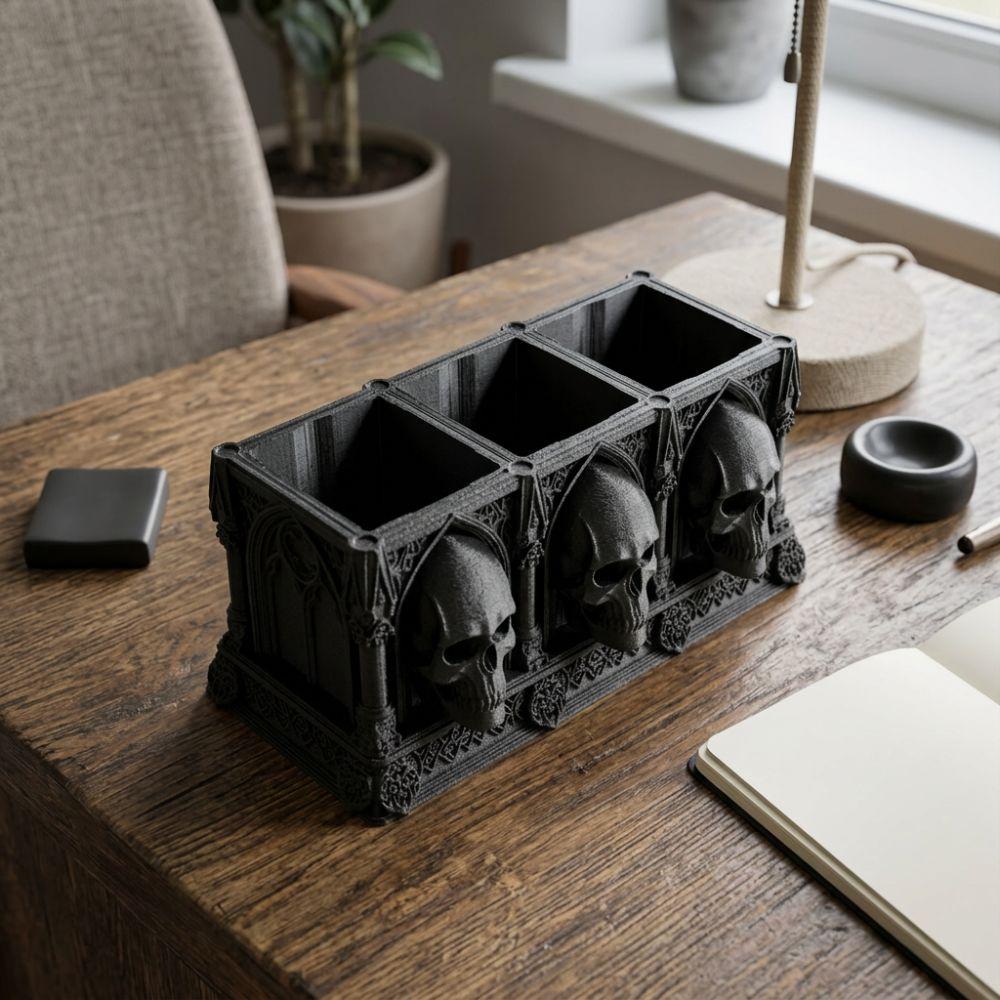 Spooky Skull Makeup Brush Box 3-Slot Skeleton Flower Planter Pot  Office Decor