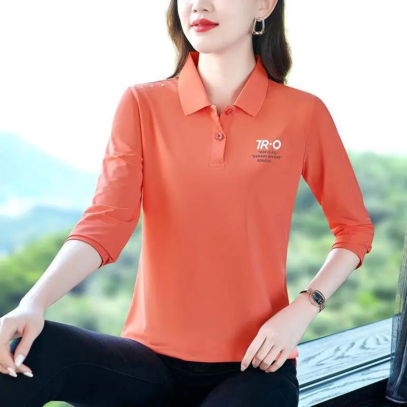 Spring Autumn Long Sleeve Printed T-Shirt Women Thin Casual Loose Slimming Belly Covering Turn-down Collar Top