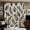 Set Of 2 Flat Black Leaf Pattern Beige Background Curtains Semi Polyester Fabric Design Sheer Made Machine Washable