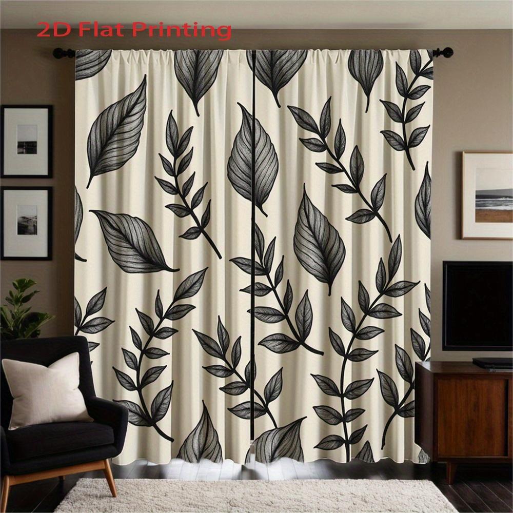 Set Of 2 Flat Black Leaf Pattern Beige Background Curtains Semi Polyester Fabric Design Sheer Made Machine Washable
