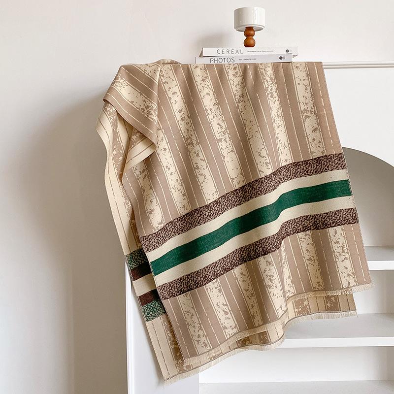 Retro old vertical striped jacquard scarf autumn and winter double-sided imitation cashmere shawl contrasting color wide strip short fringe art