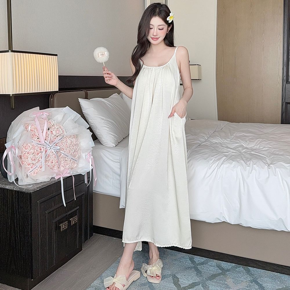 Original Acetic Acid Long Dress Double Pocket with Chest Pad Large Leak Back Nightdress Women's Suspender Summer Solid Color Vacation Style Loungewear