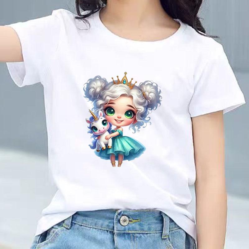 Kids Cotton T Shirt Crowned Princess Girl With Pastel Unicorn Print Crew Neck Short Sleeve Tee Casual Boys Girls Summer Tops